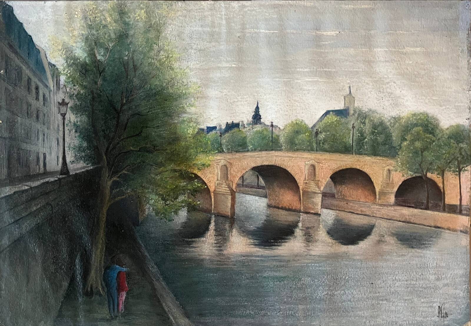 Tableau HSP "Bridge of Paris the Lovers" Notre Dame signed around 1950