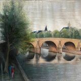 Tableau HSP "Bridge of Paris the Lovers" Notre Dame signed around 1950
