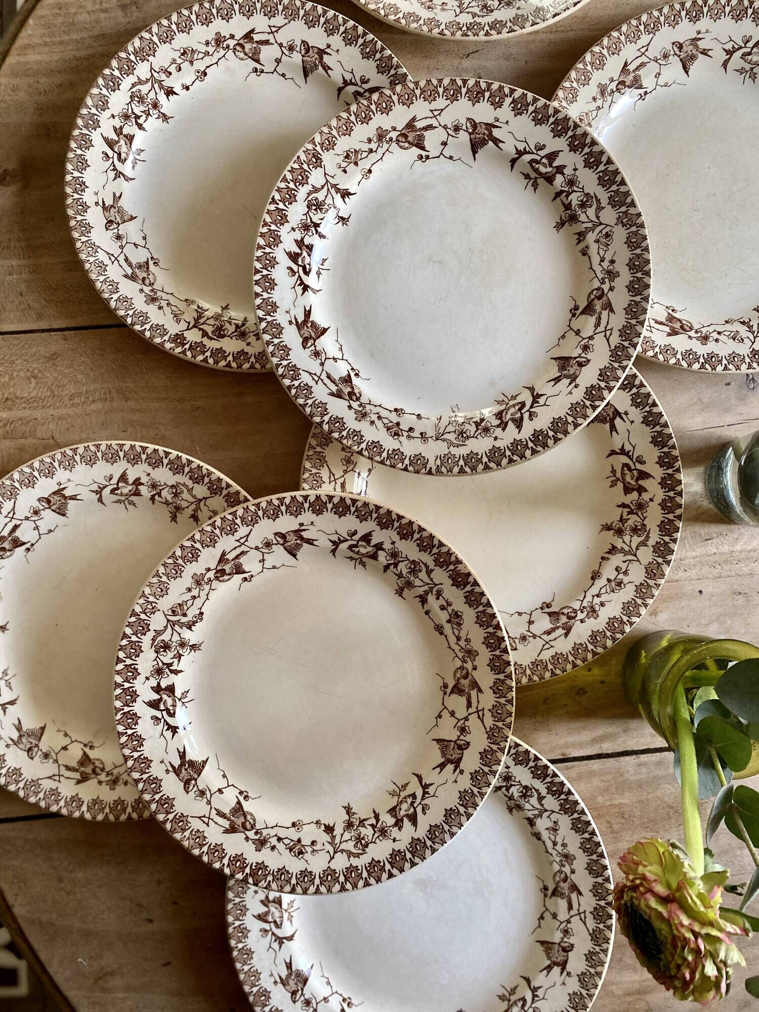 Set of 8 old flat plates in iron earth, decorations of HBC swallows