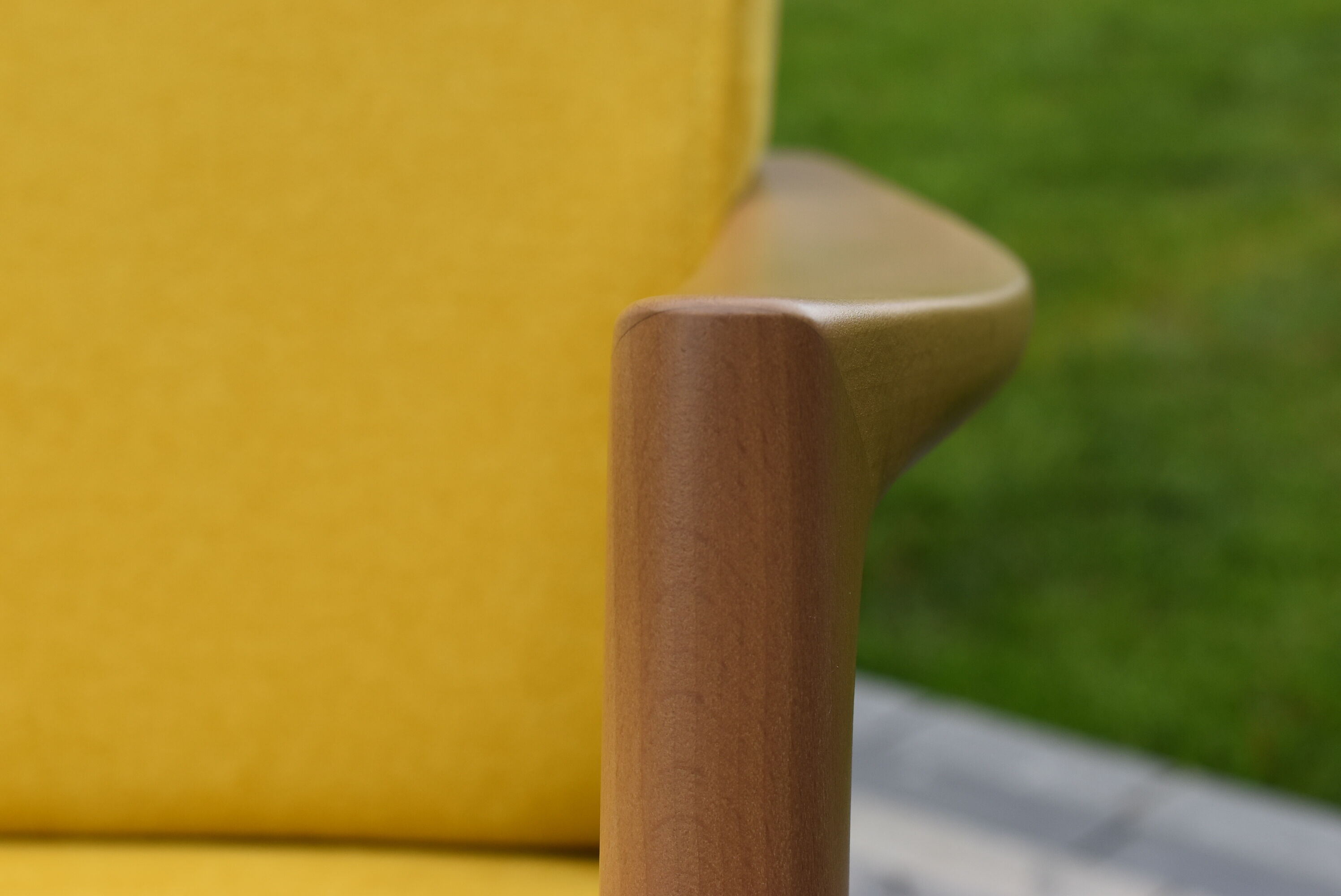 Scandinavian armchair, yellow fabric, natural wood