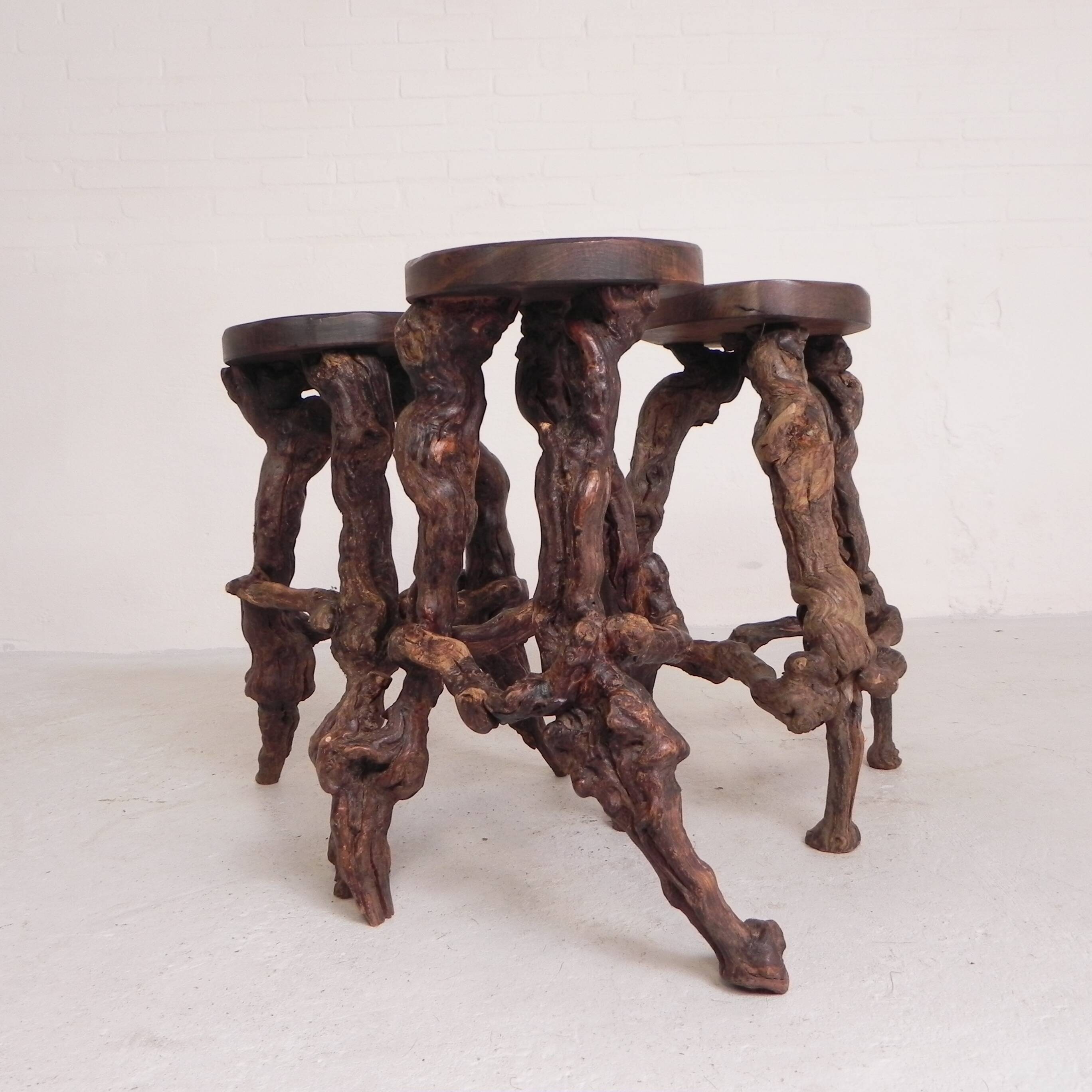 Set of 3 vintage wooden vine bar stools, 1960s