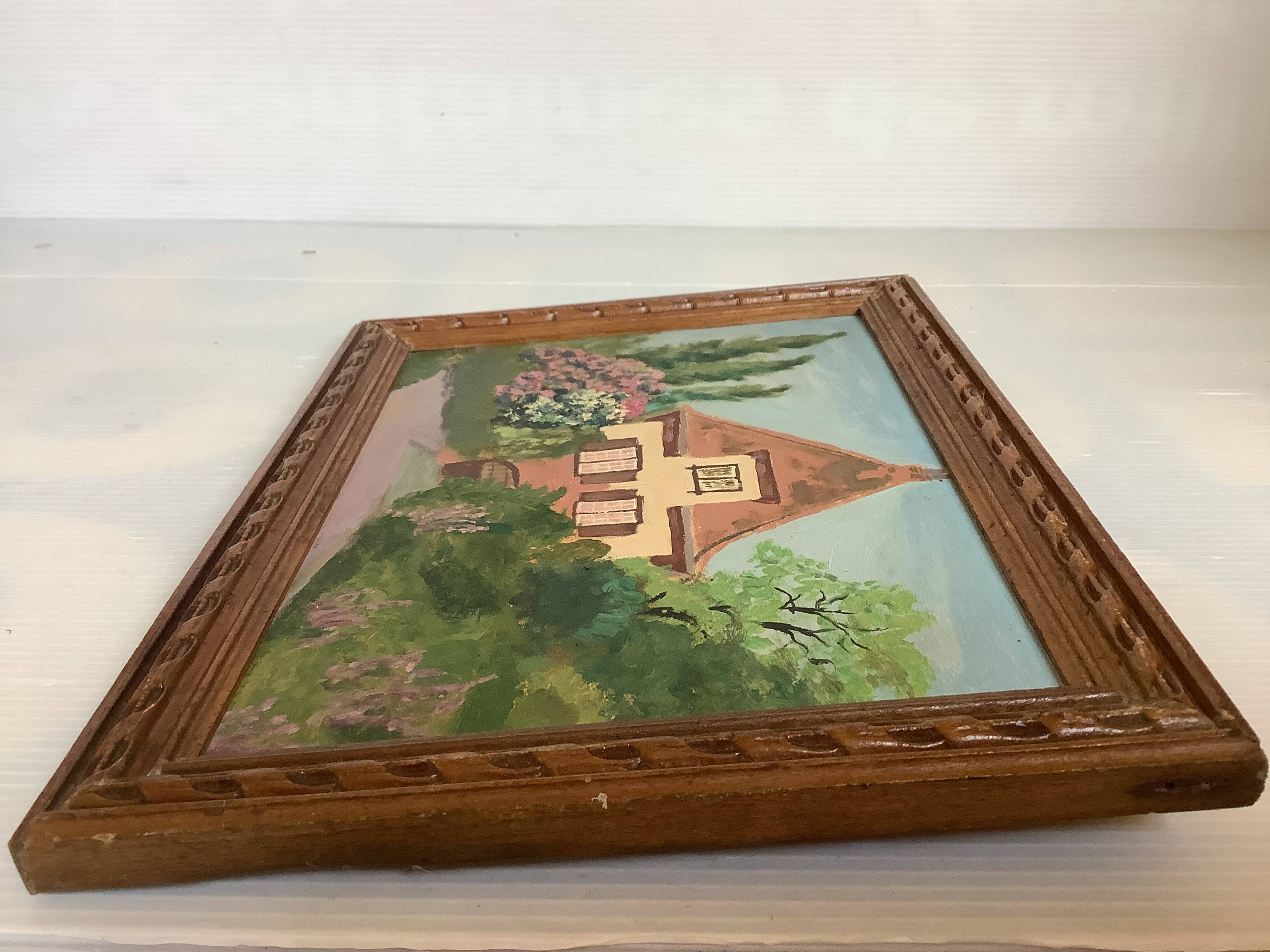 Small painting of a flowered house in oil on cardboard.