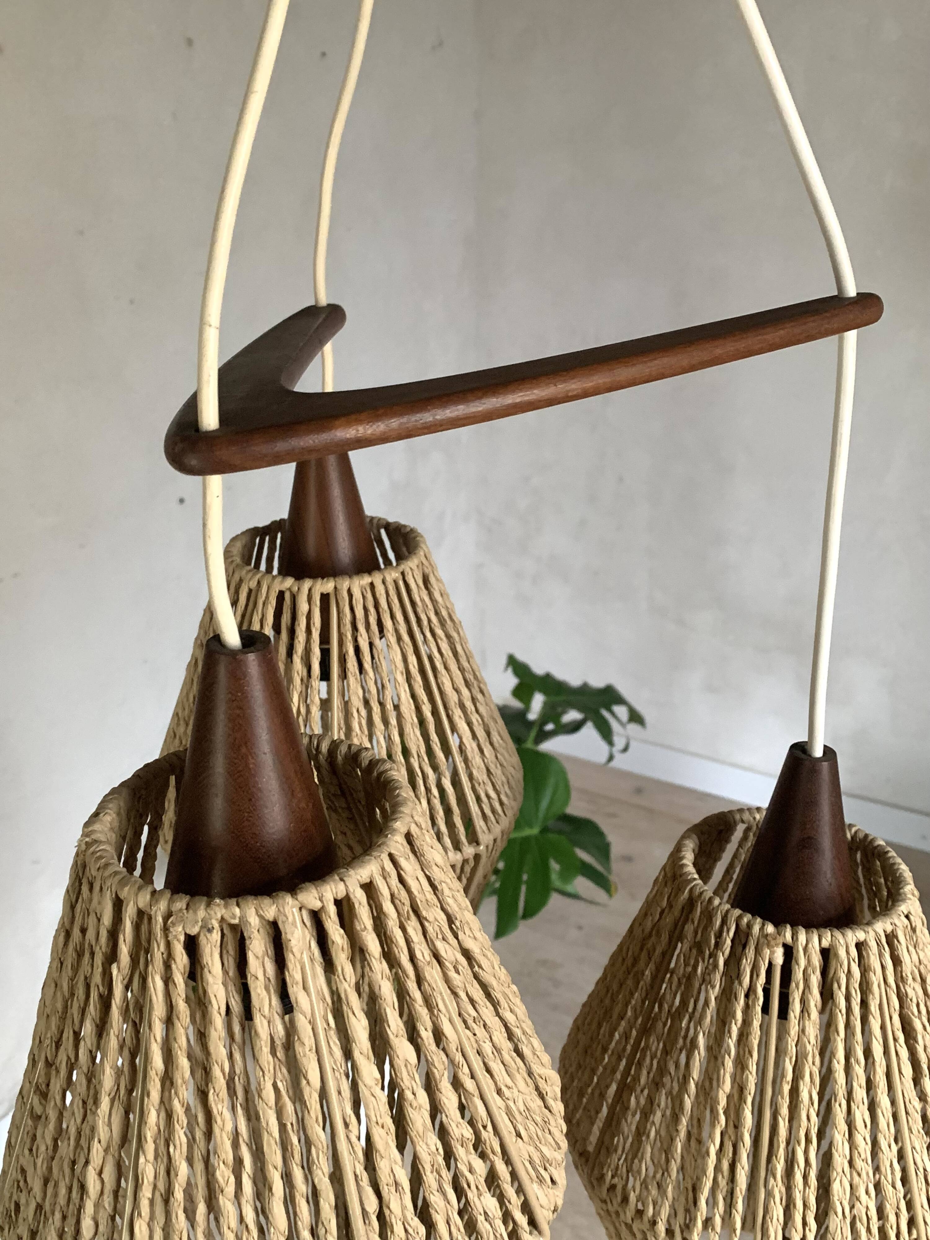 Vintage Scandinavian boomerang pendant light in teak and rope