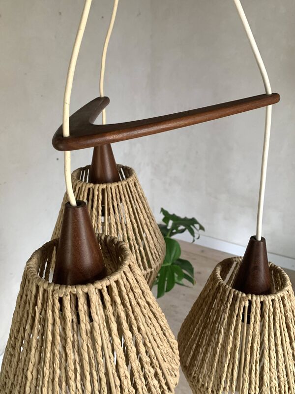 Suspension boomerang scandinave vintage teck et corde