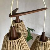 Vintage Scandinavian boomerang pendant light in teak and rope