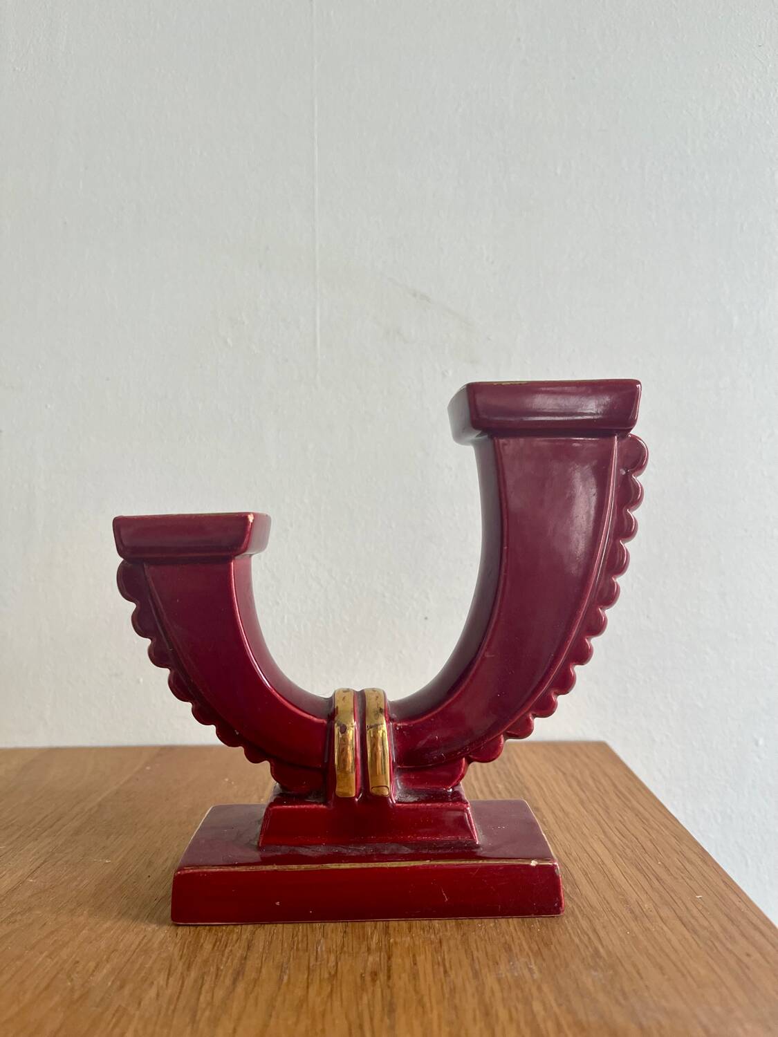Art Deco red ceramic double candle holder