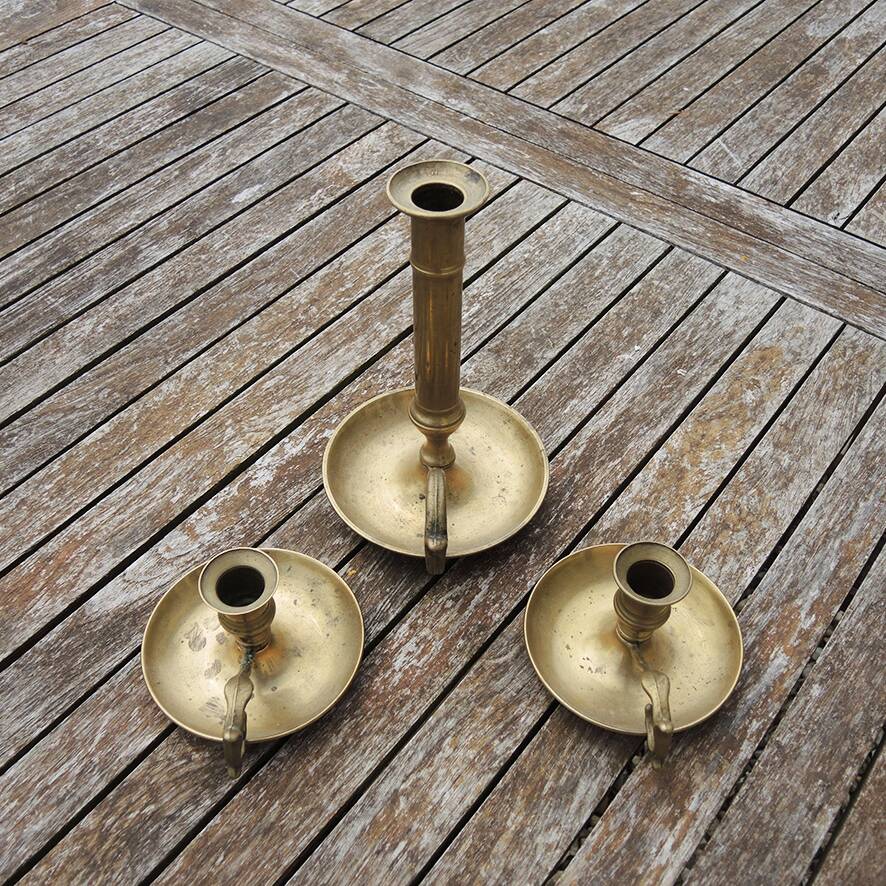3 antique brass candlesticks with handles