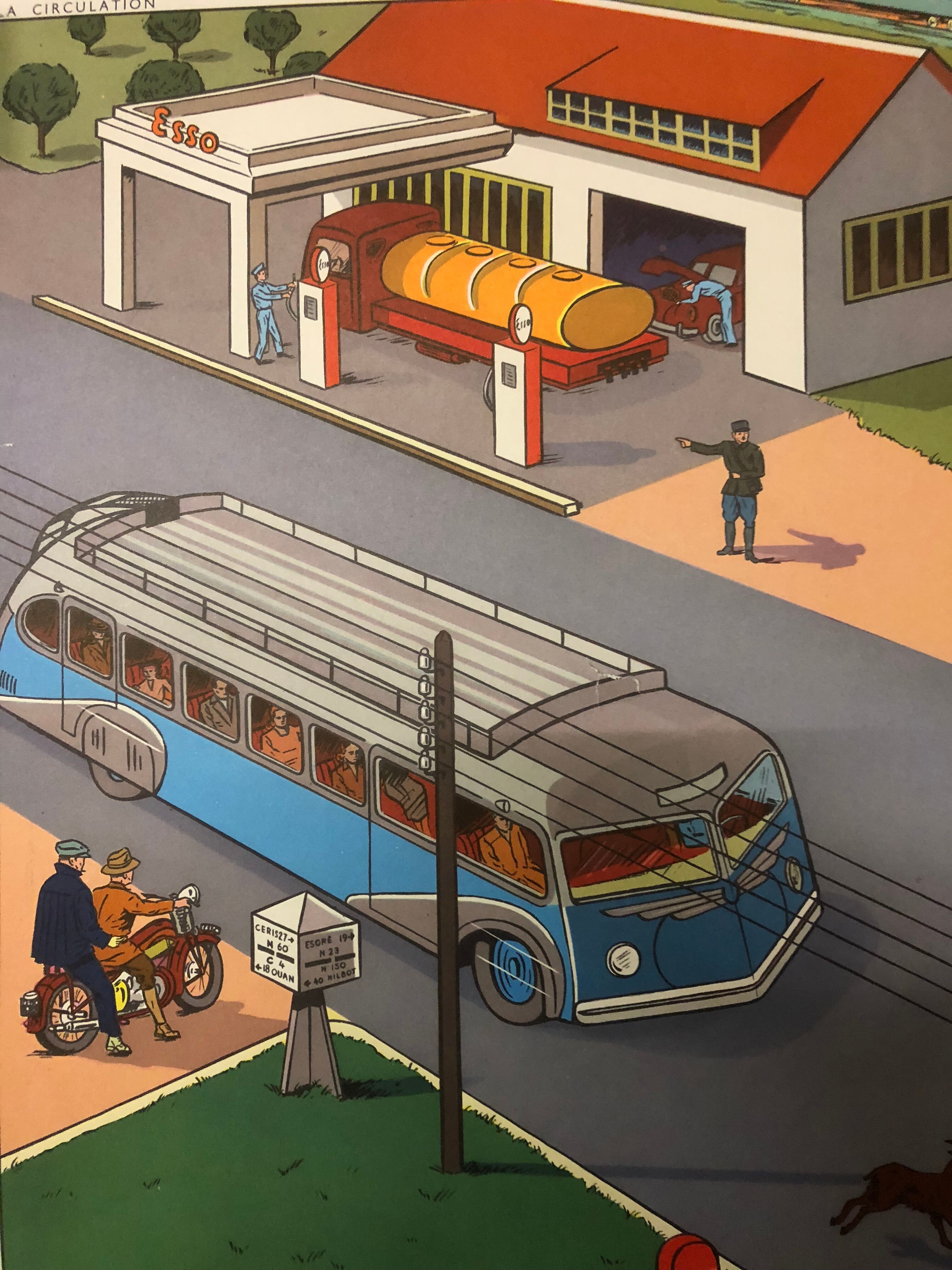 Vintage school poster of the restaurant and traffic