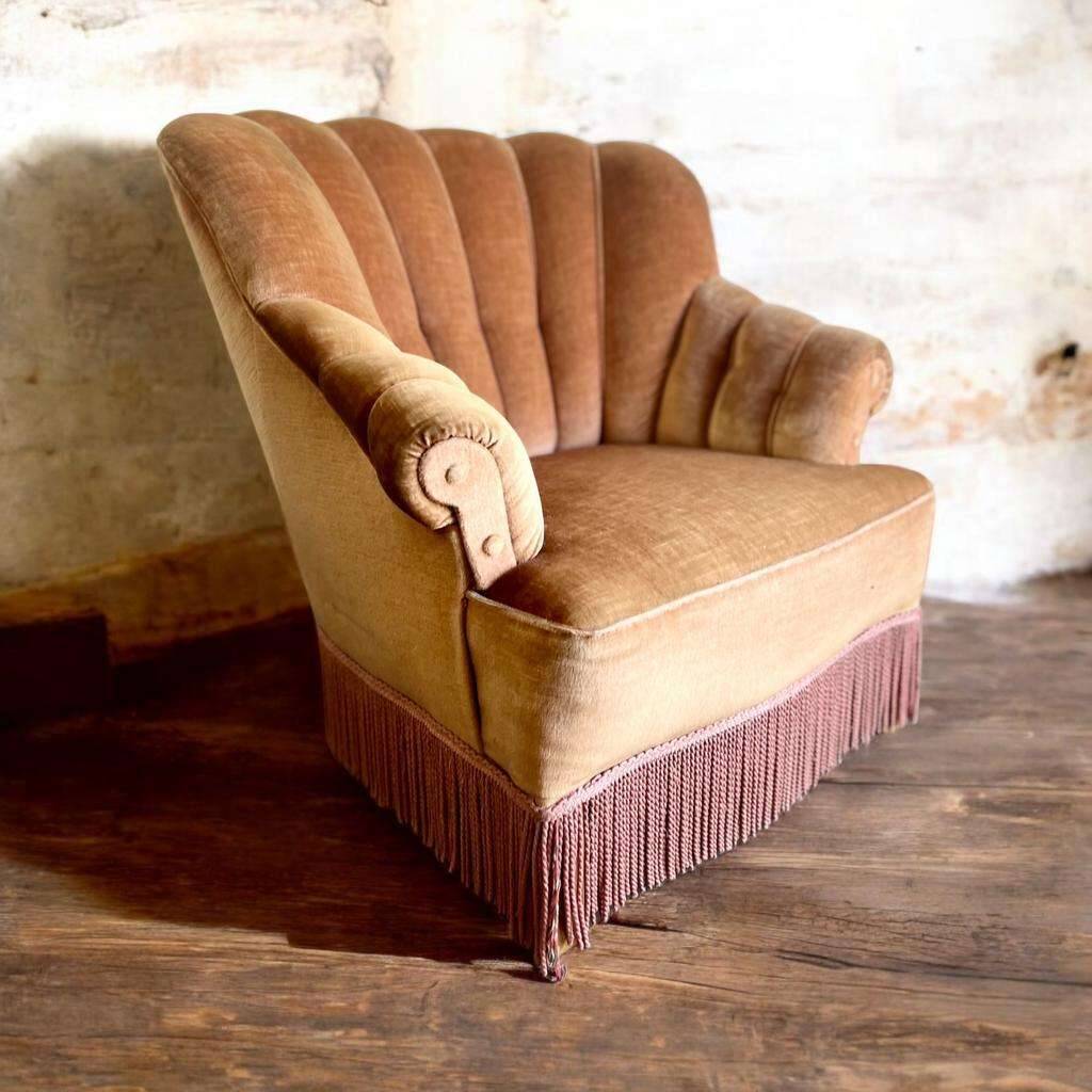 Canapé vintage rose poudré/place simple/fauteuil à franges