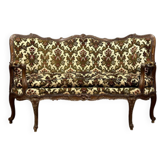 Rare Louis XV style corner bench / cackler in carved wood, 19th century