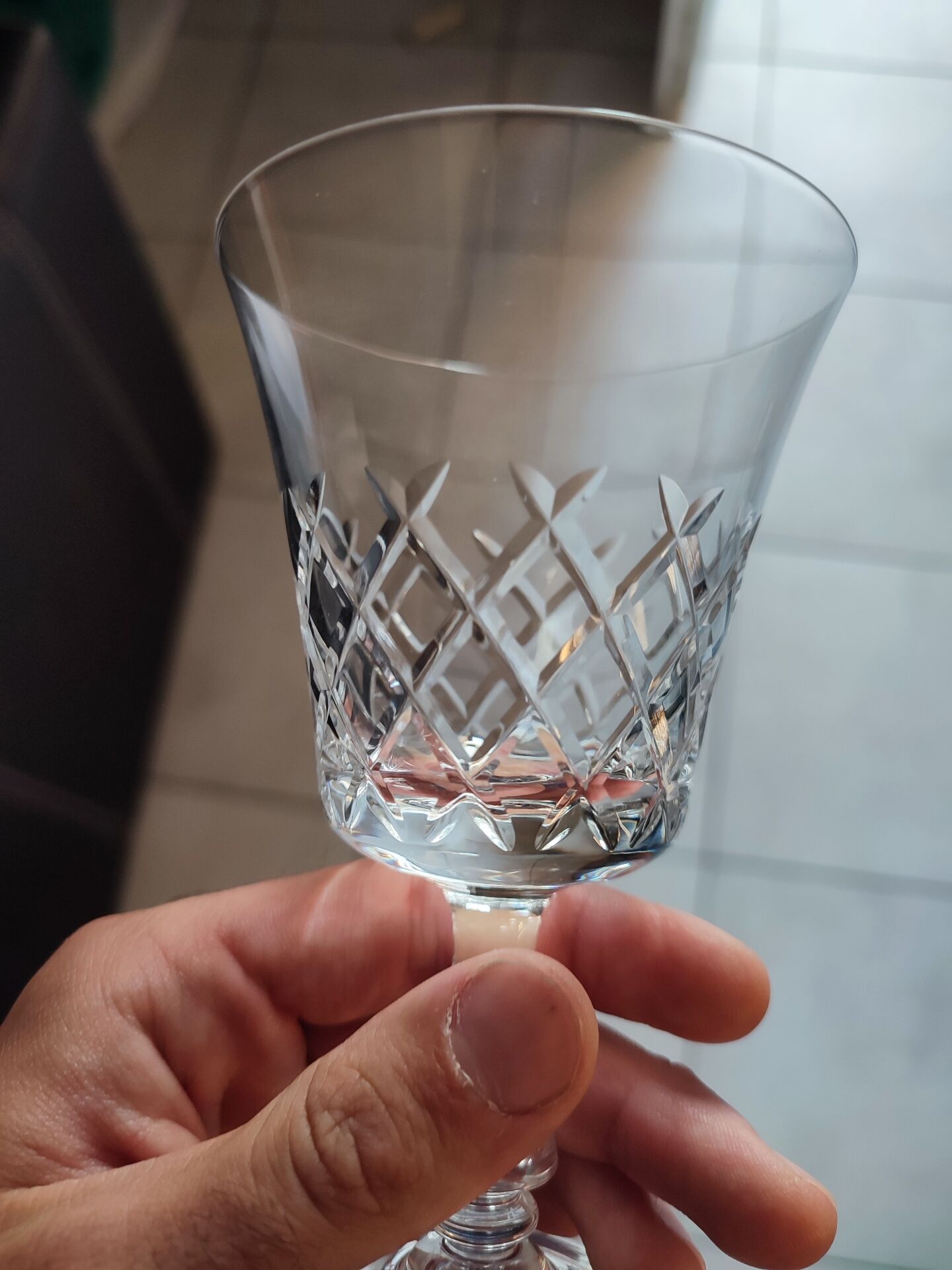 6 large cut crystal water glasses in the style of Cristalline de Lorraine.