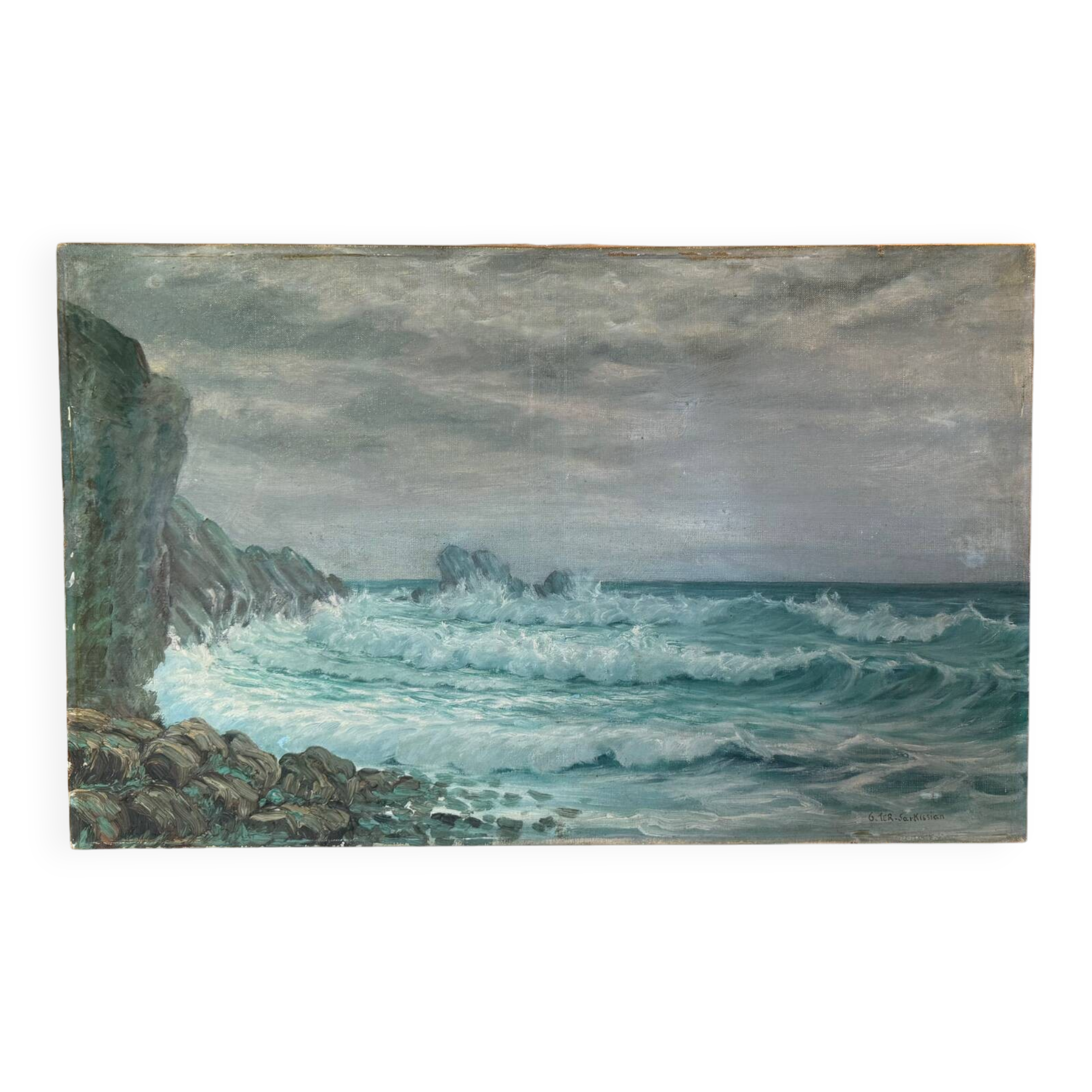 Ancient table, marine landscape, signed 20th century.