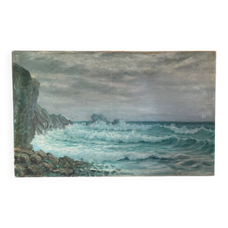 Ancient table, marine landscape, signed 20th century.