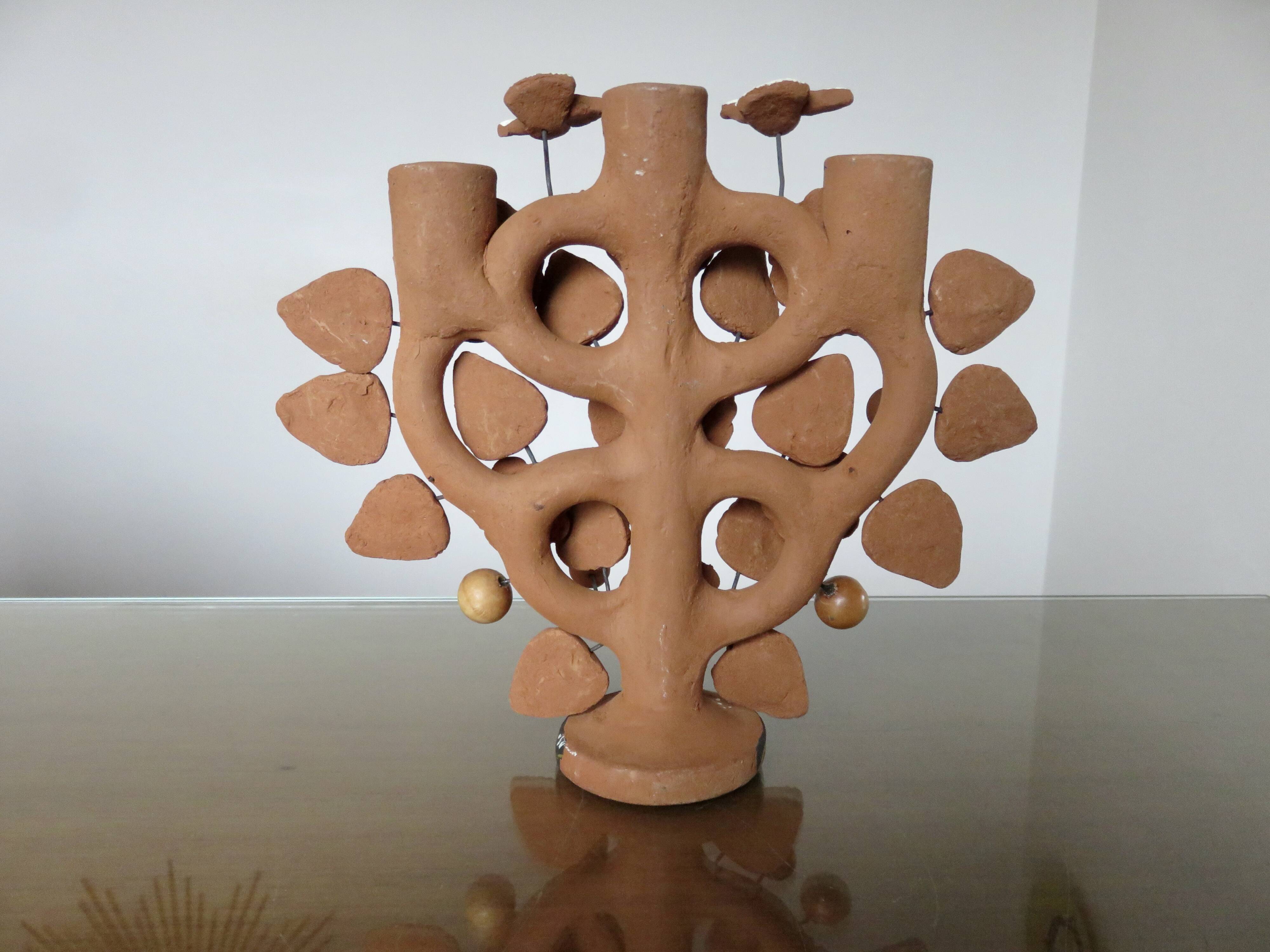 Chandelier, Mexican candlestick "tree of life" terracotta, 1970