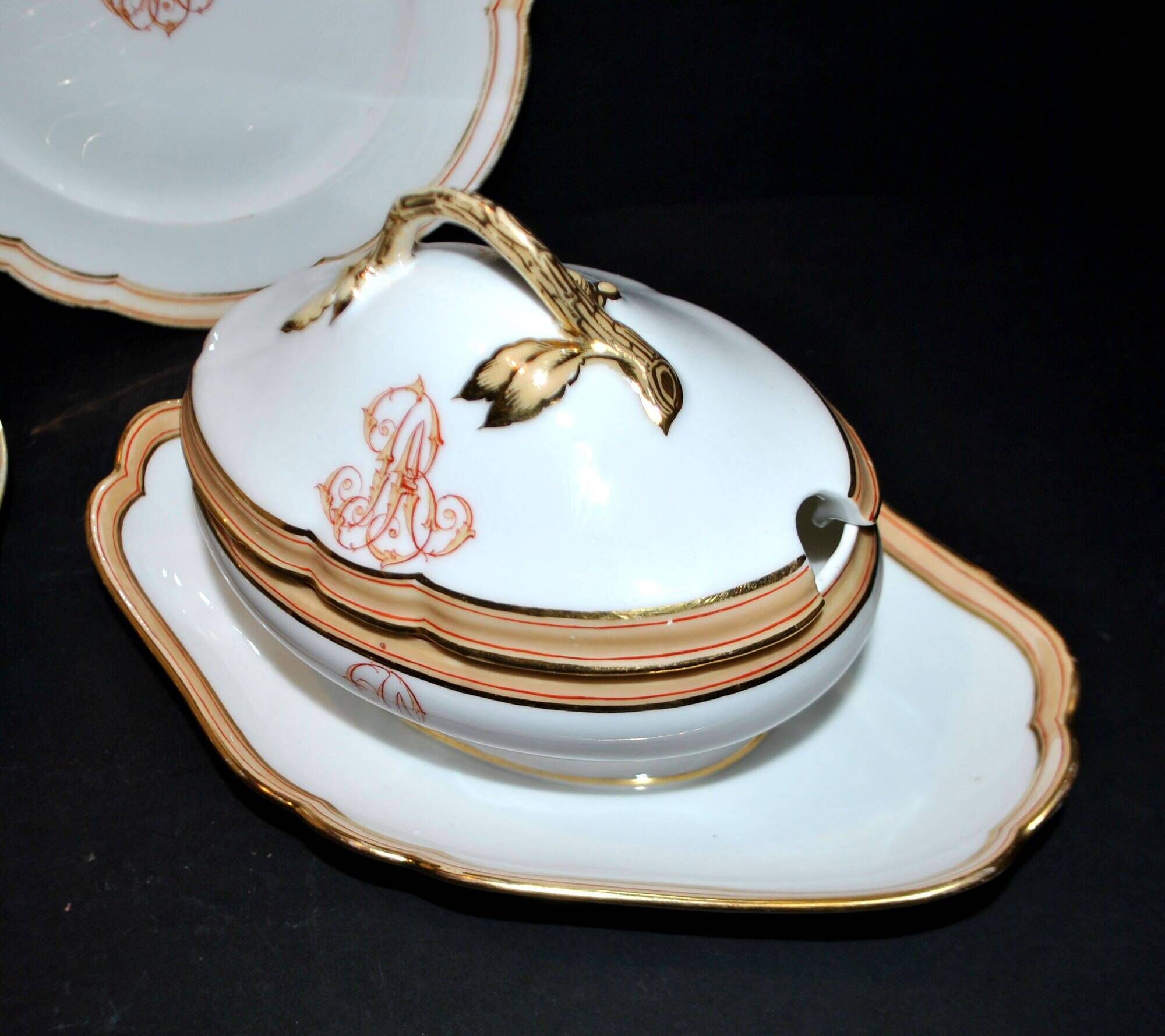 Paris porcelain set of 12 plates, dish and sauce boat, antique tableware with monogram BA.
