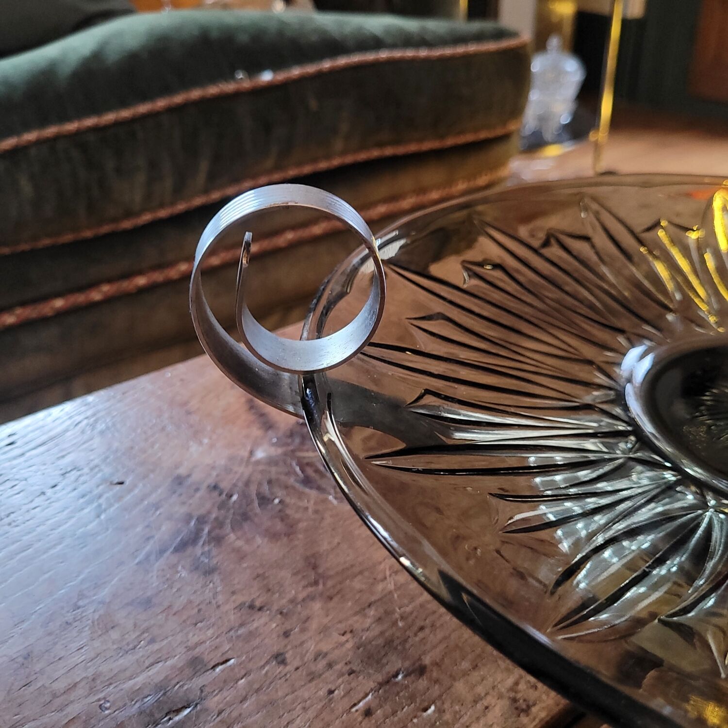 Art Deco stemmed bowl - Smoked glass and silver-plated metal - 1940s