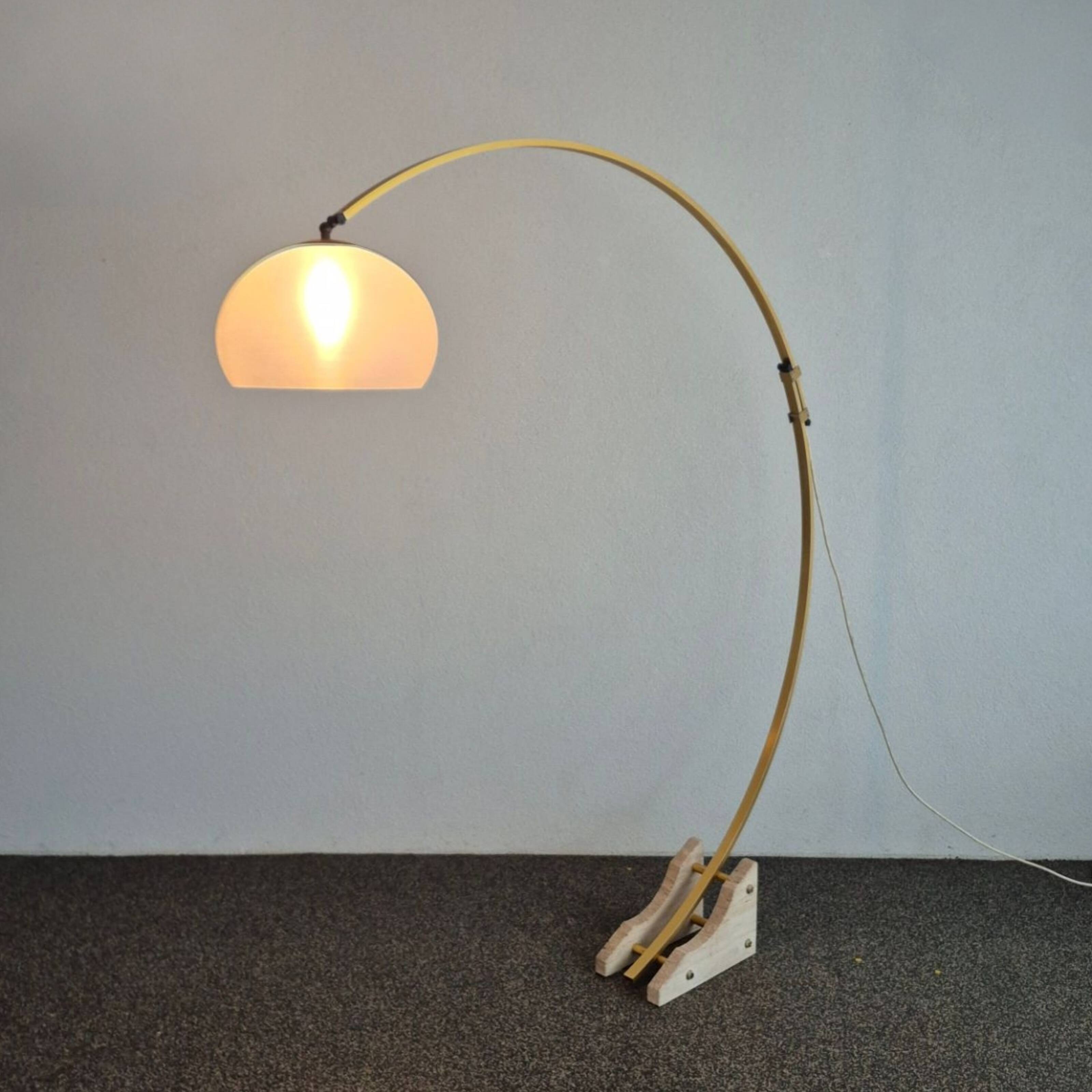 Space age Guzzini arc lamp with travertine base, Italy 1960s