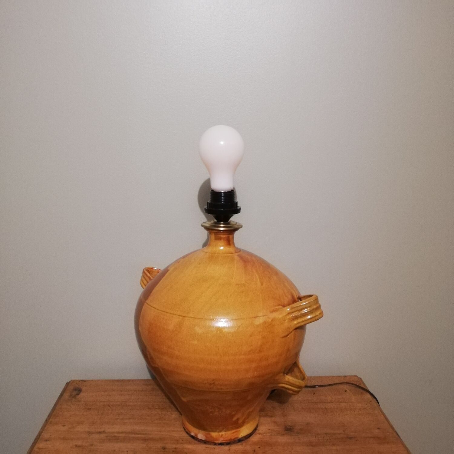 Vintage glazed stoneware lamp with hand-painted lampshade