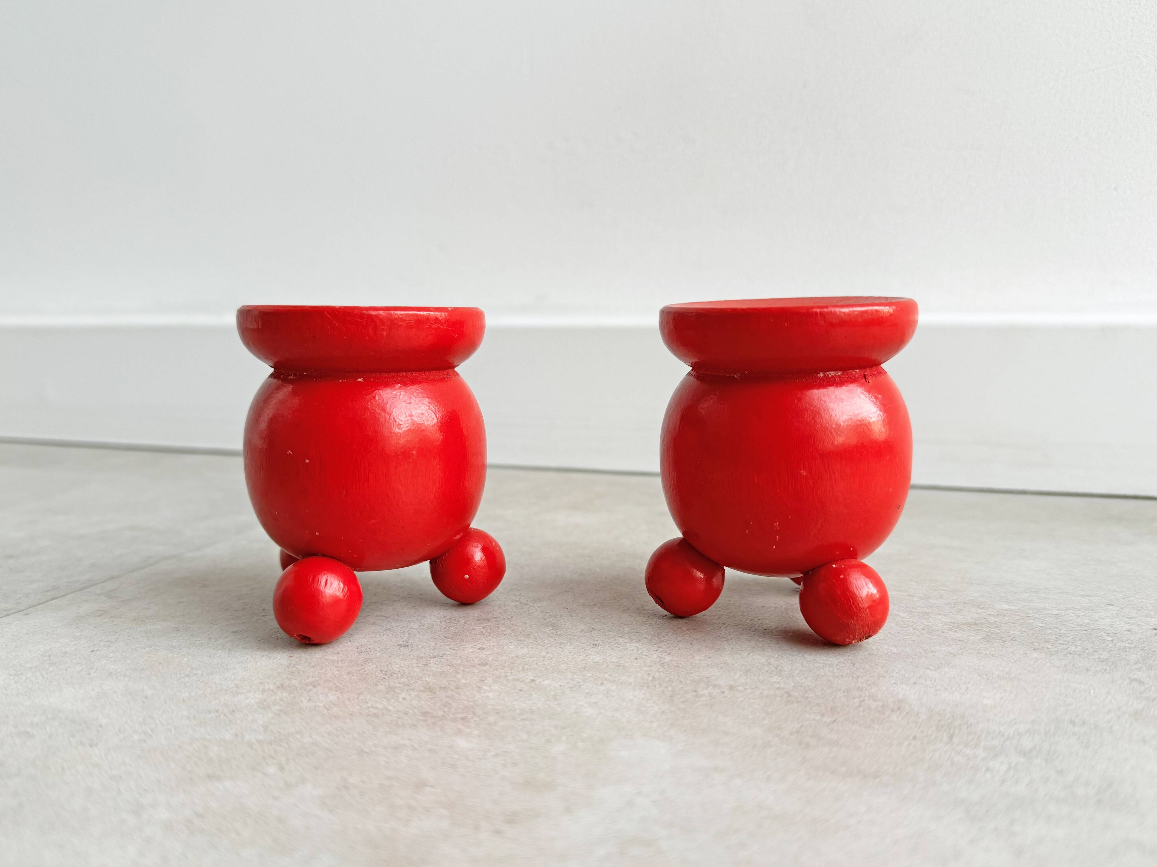 Set of 2 Vintage Scandinavian candle holders - red wood