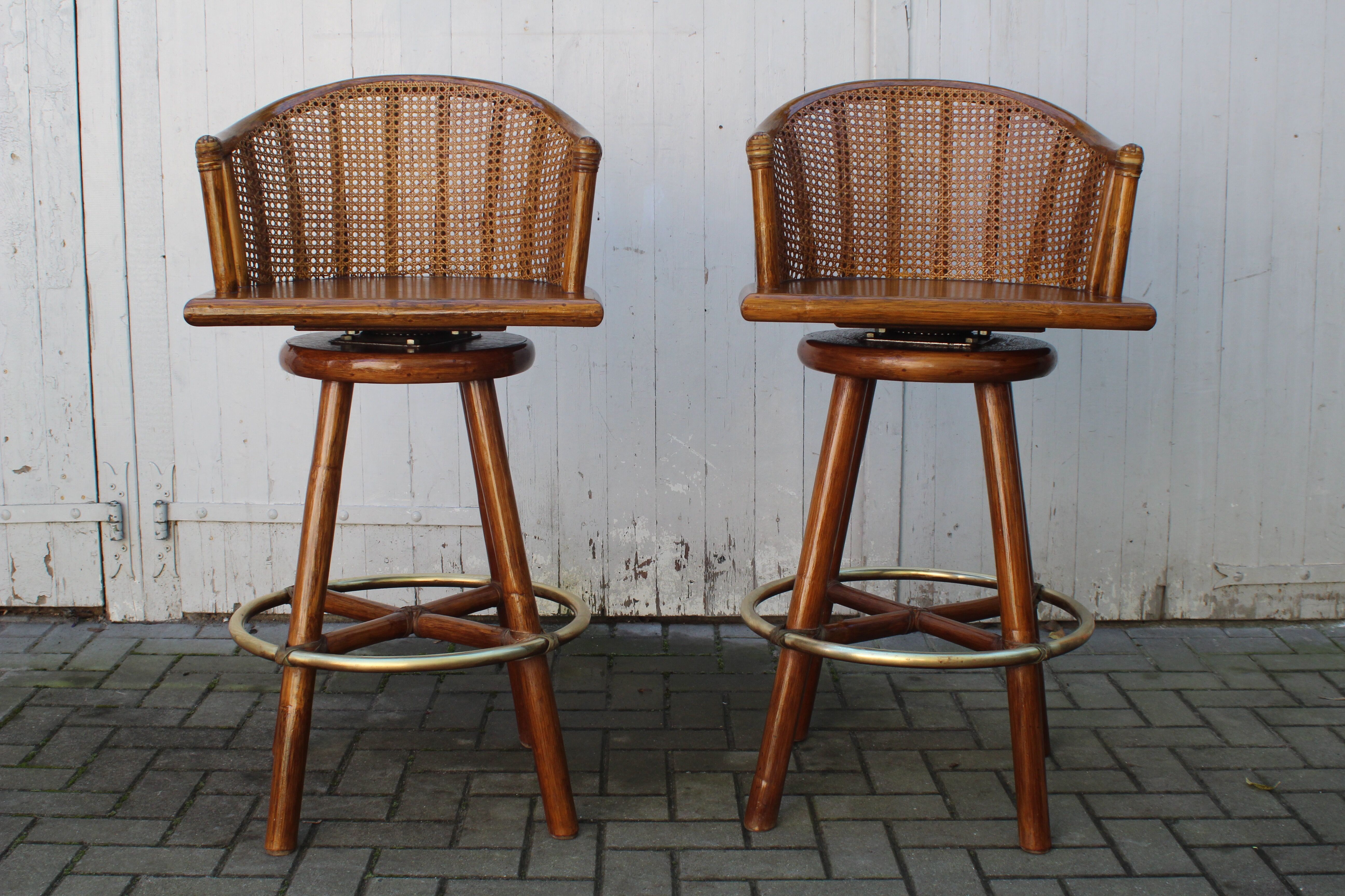 Pair of bamboo bar stools full canned colonial style 1960