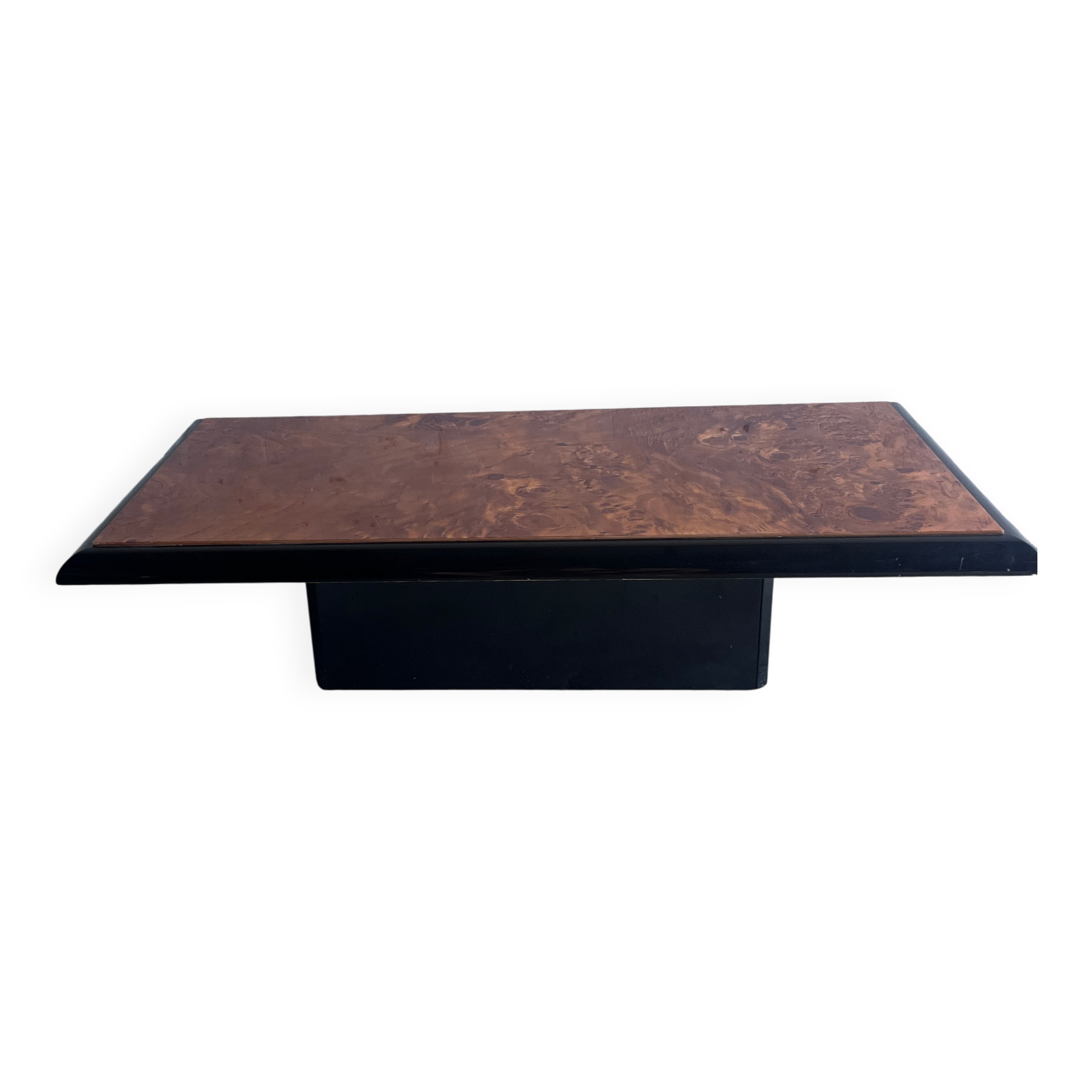 Vintage coffee table in wood burl on a black lacquered base.