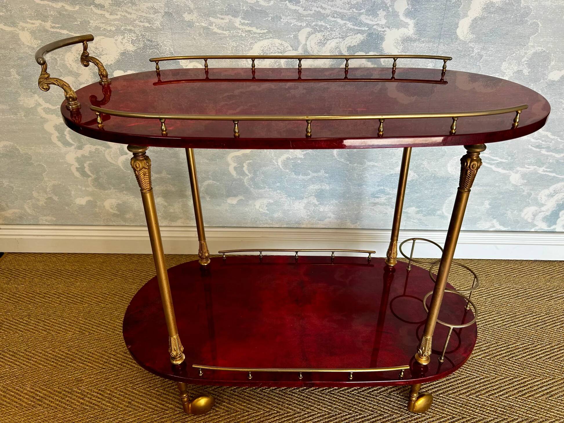 Cherry-red bar cart by Aldo Tura, Italy, 1960s, Hollywood Regency