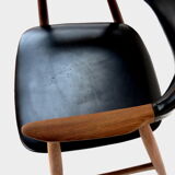 Set of two cowhorn desk arm chairs in black leatherette with teak frame, 1960s