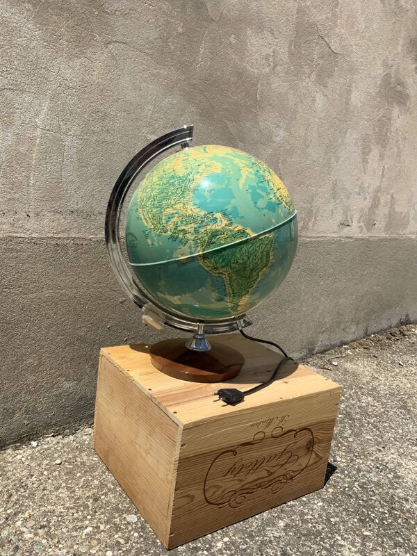 Globe vintage éclairé pied en bois monture argenté déco bureau ancien
