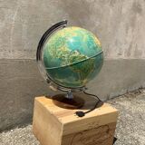 Globe vintage éclairé pied en bois monture argenté déco bureau ancien