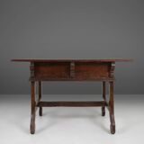 Table console espagnole ancienne en chêne avec tiroirs fabriqués à la main, 18ème siècle