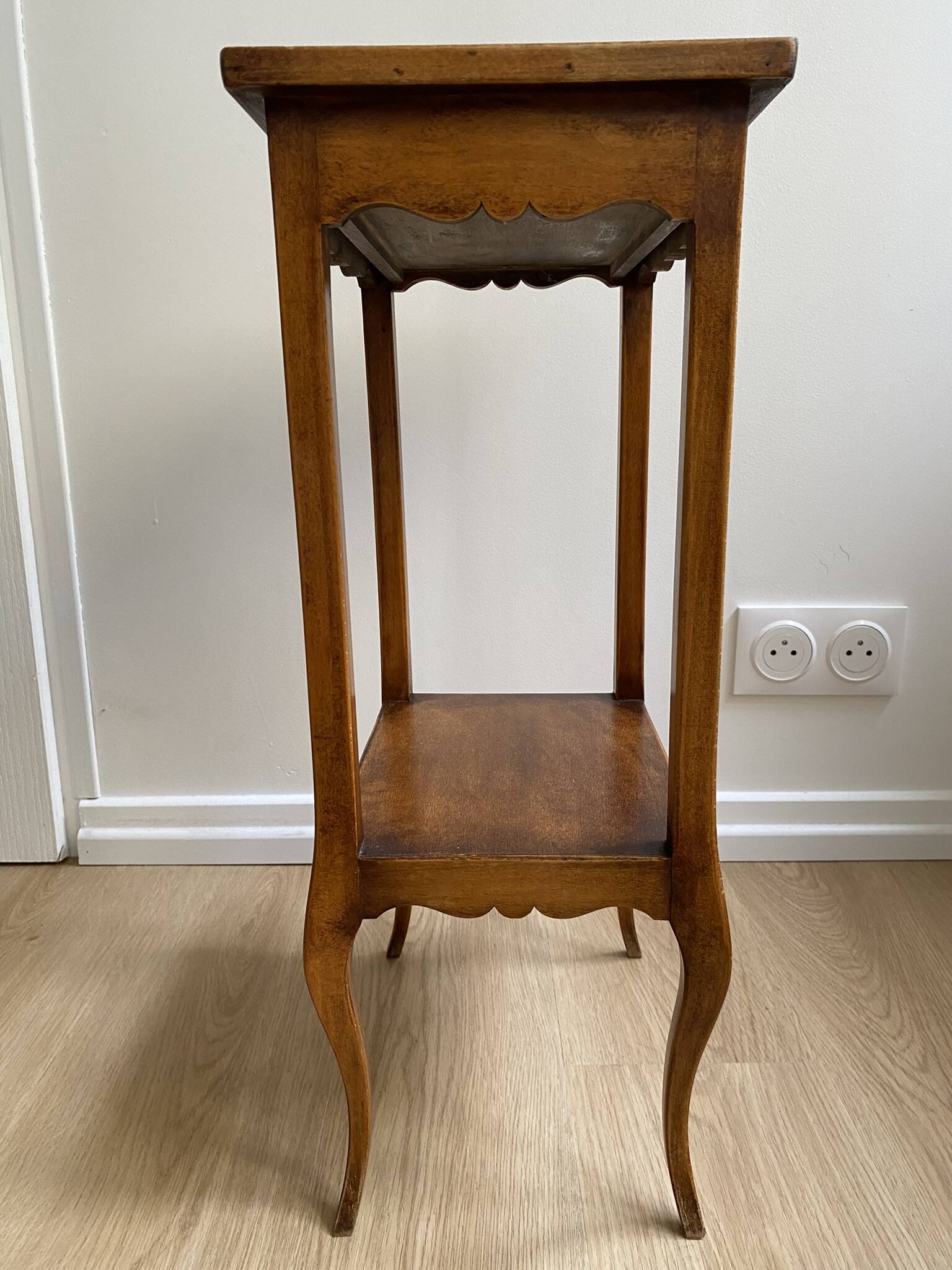 Small bedside table, nightstand, two-top ash plant stand with discreet drawer