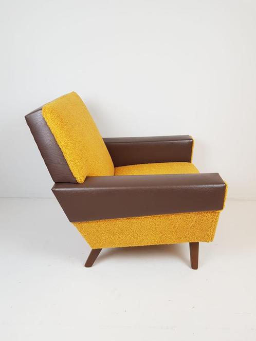 Armchair in ochre yellow and brown skai teddy fabric