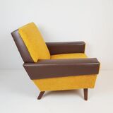 Armchair in ochre yellow and brown skai teddy fabric