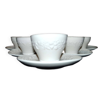 Sarreguemines set of 6 old cups in opaque earthenware molded terre de fer - fruit frieze pattern