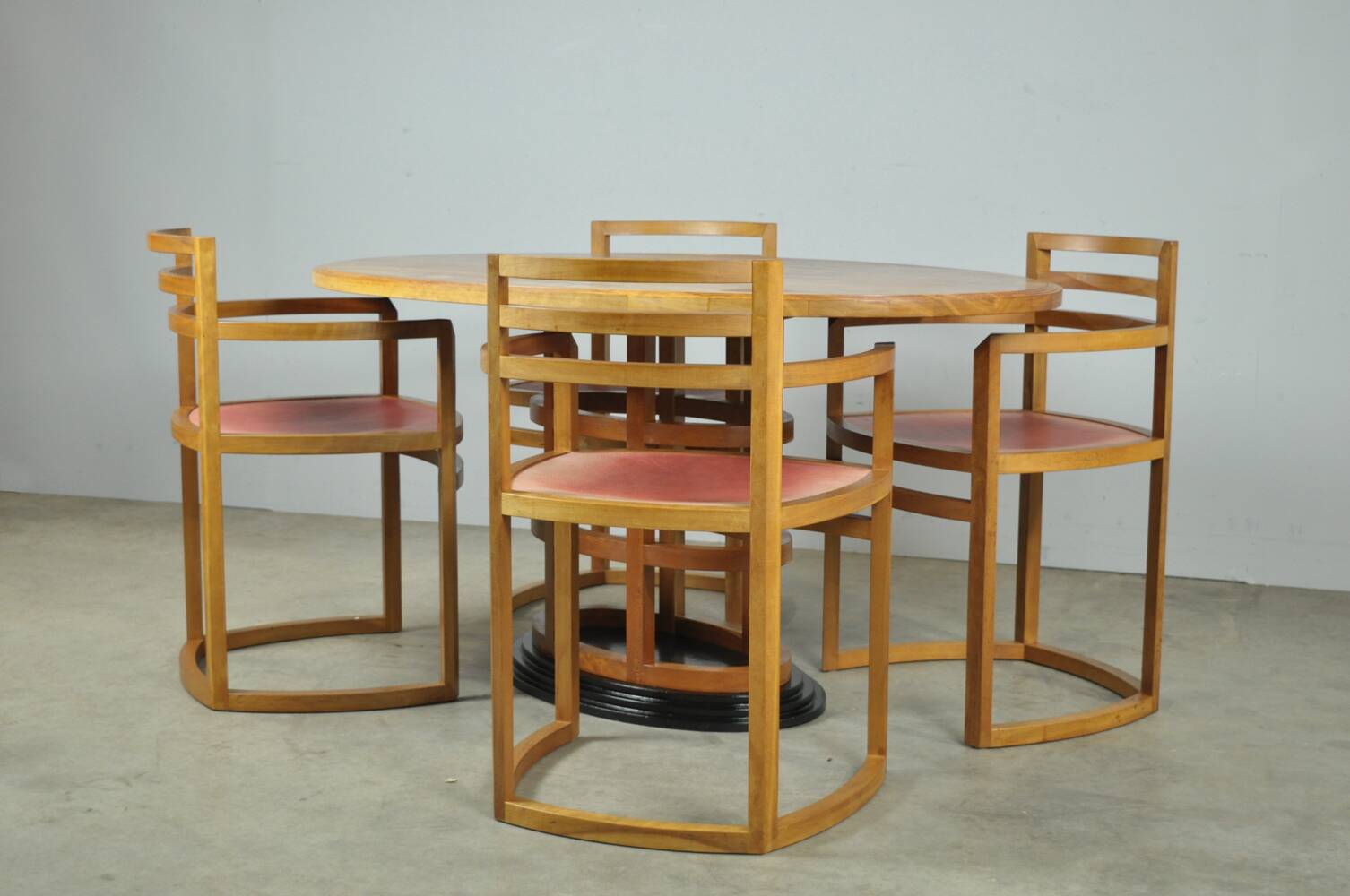 Exceptional fruitwood dining table set in art deco style, 1980s