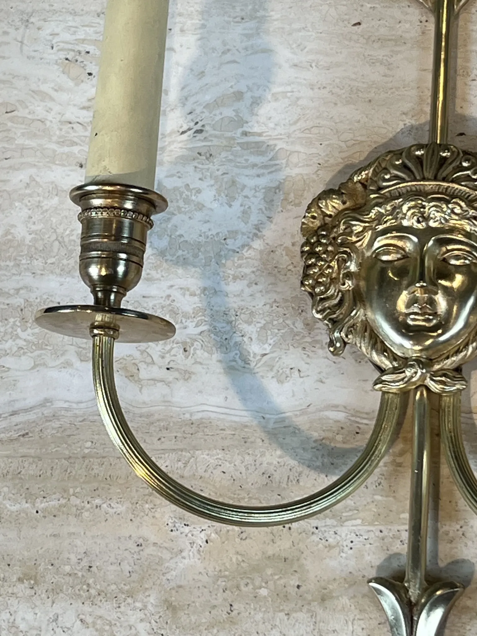 Pair of Two-Arm Bronze Wall Lights with Arrow and Mask Decoration