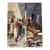 Market in Dakar, oil on panel signed G Vignesoult.