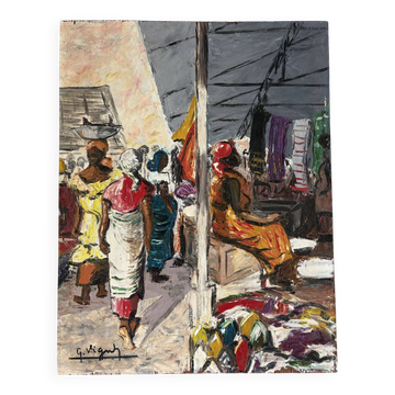 Market in Dakar, oil on panel signed G Vignesoult.