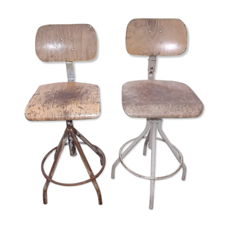 Pair of iron and wood industrial seats