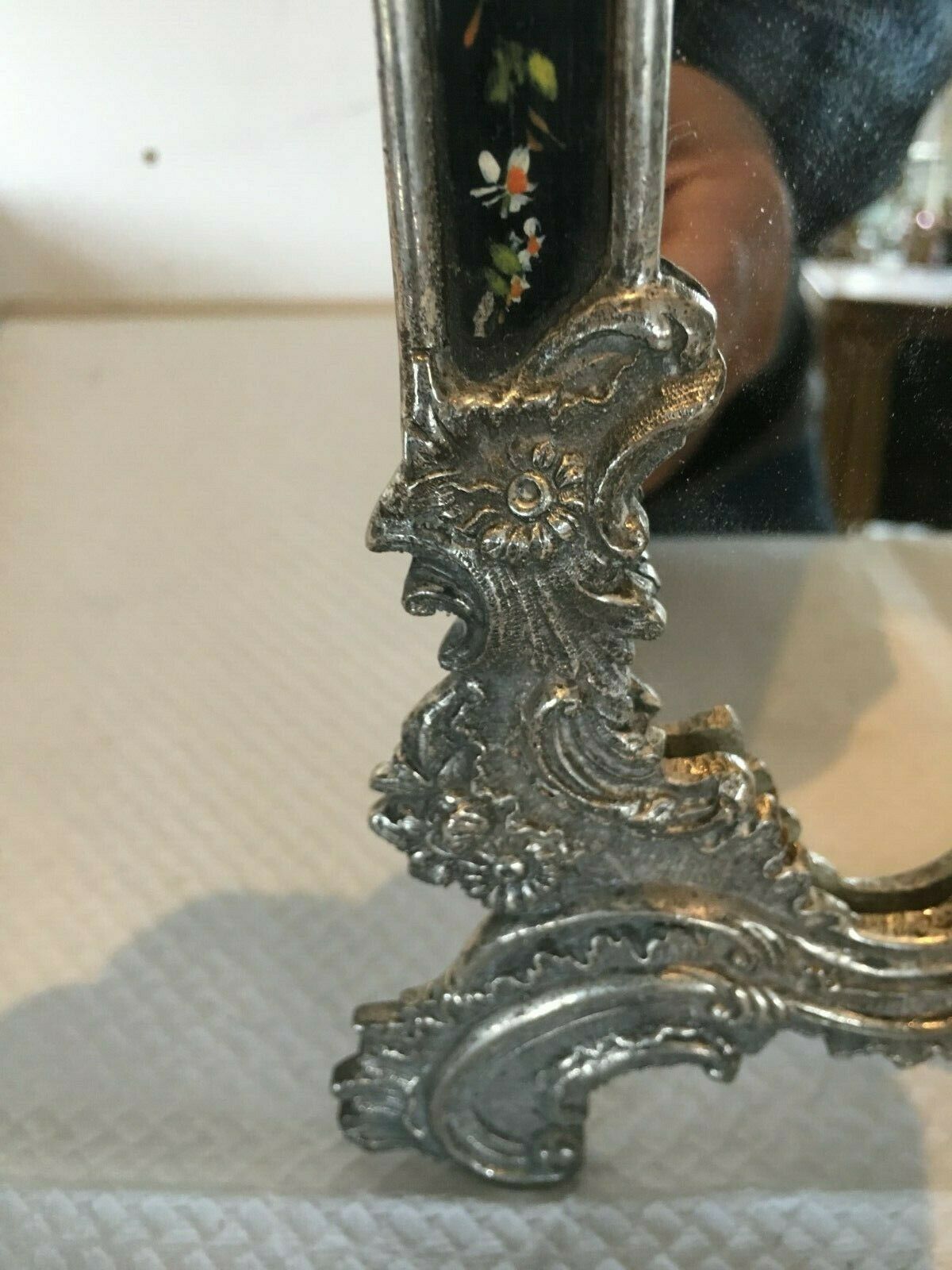 Louis XV style table mirror silver bronze frame floral painting 24x39cm