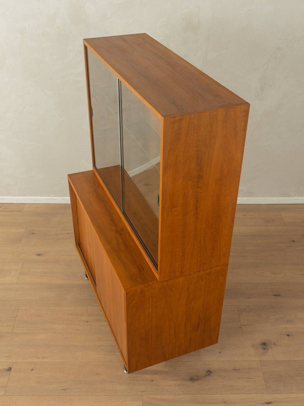 1950s display cabinet, walnut veneer, glass sliding doors