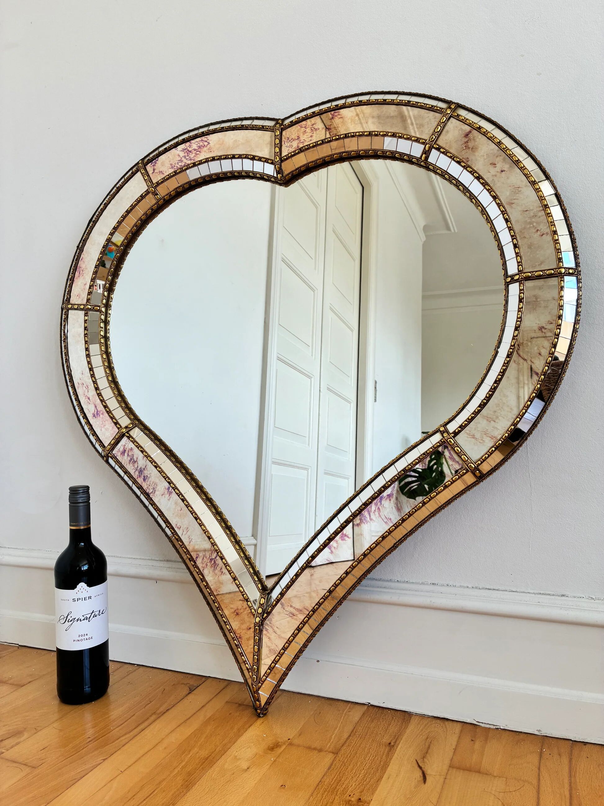 Large vintage Spanish Venetian-style wall mirror, brass, 1980s Hollywood Regency