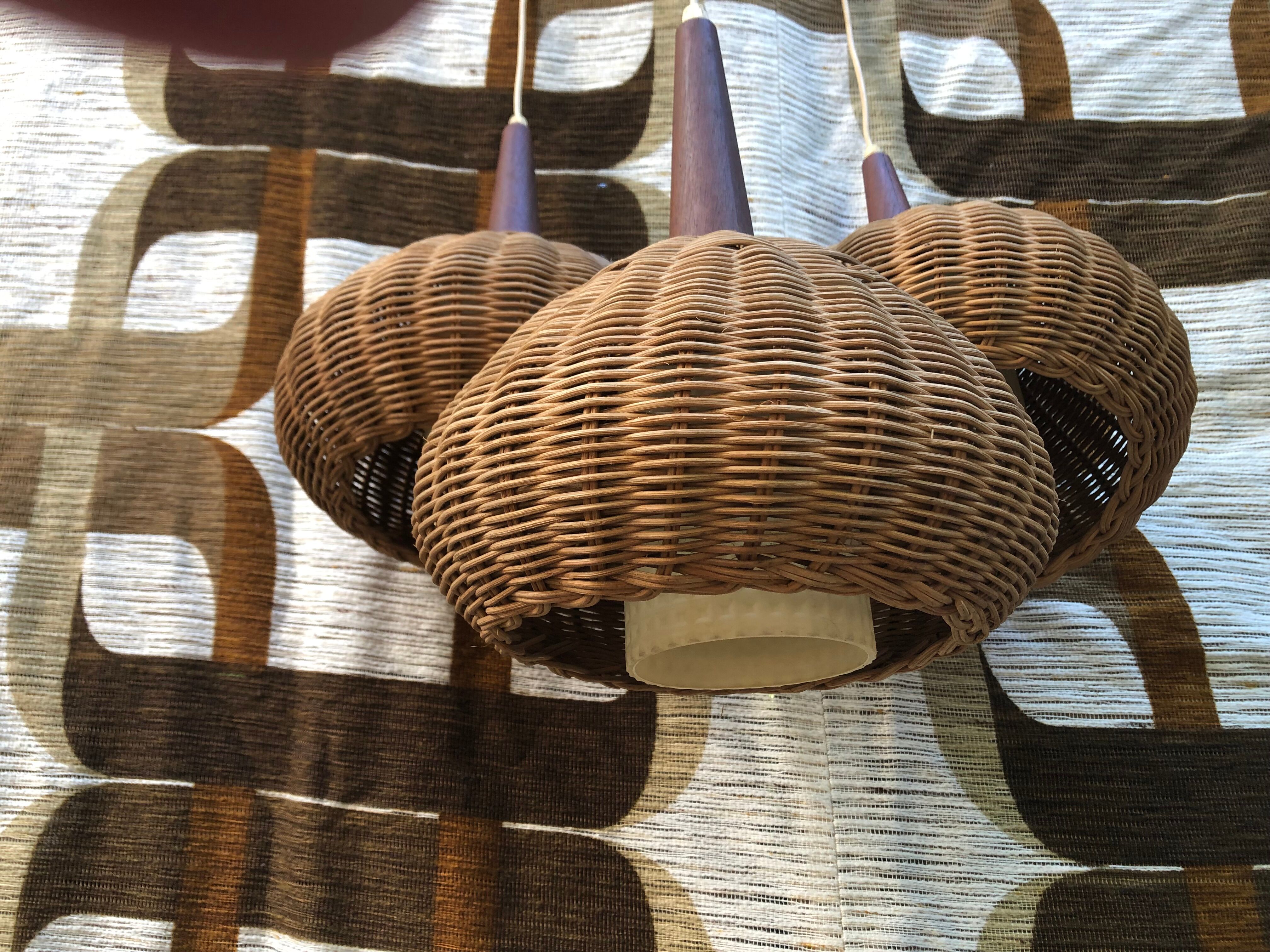Suspension 3 arms rattan and teak vintage 60s