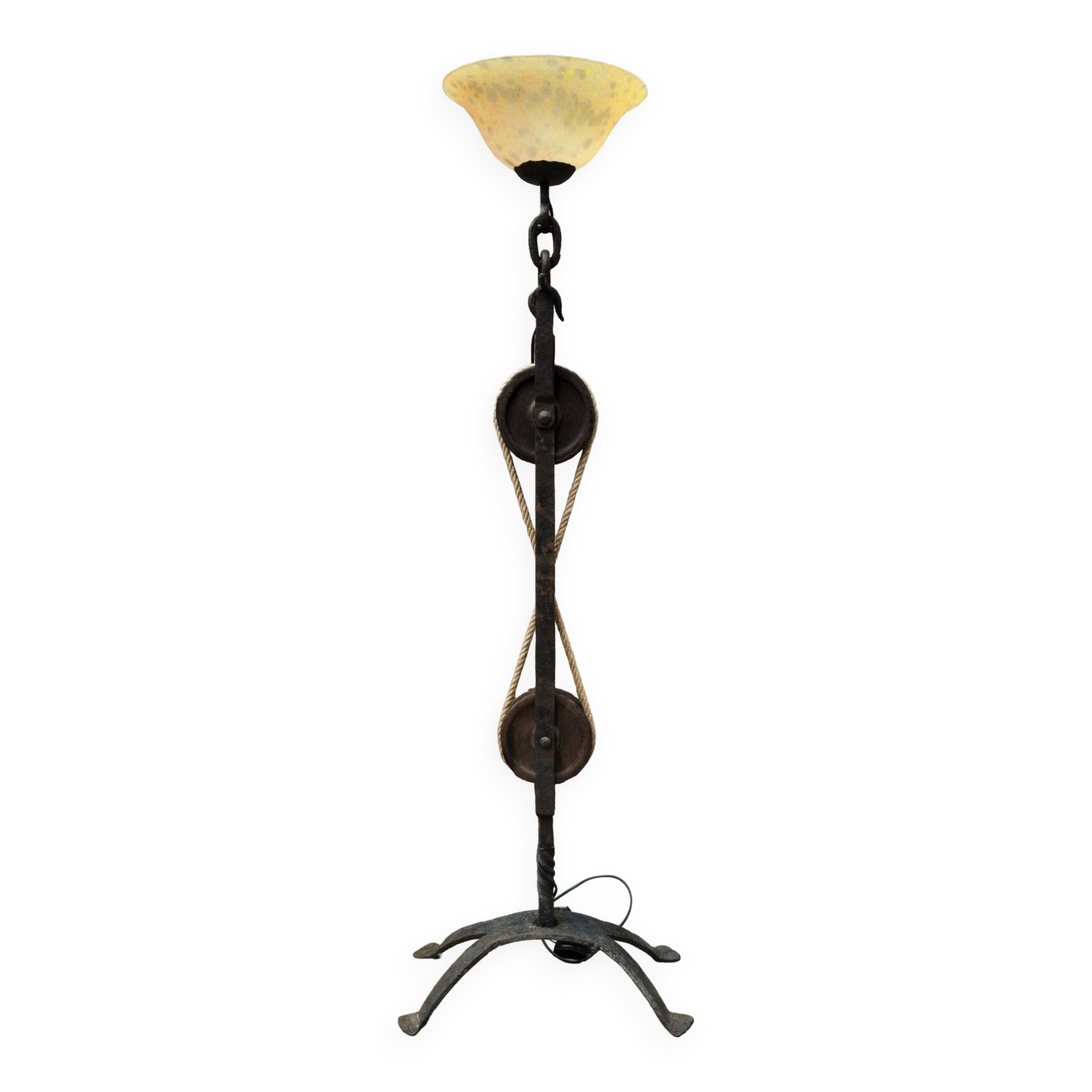 Brutalist floor lamp in wrought iron and glass paste