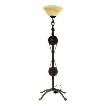 Brutalist floor lamp in wrought iron and glass paste