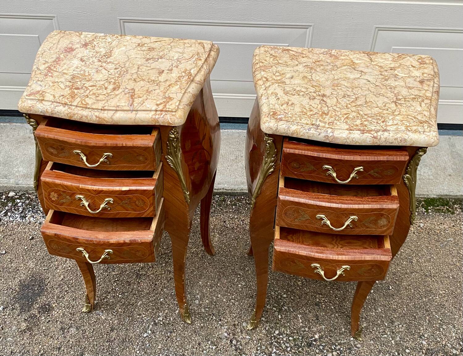 Pair of Louis XV style bedside tables with rosewood marquetry