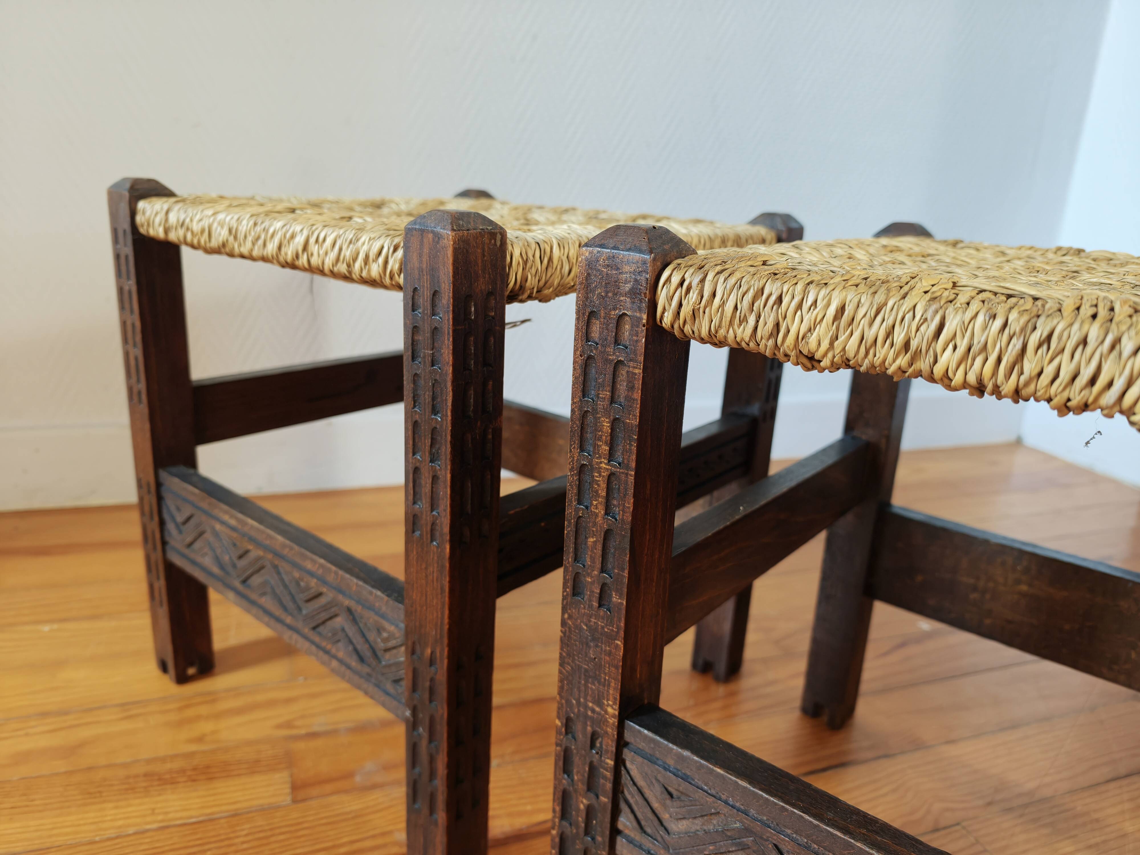 Pair of handcrafted stools from Friuli in carved wood, Italy, circa 1960.