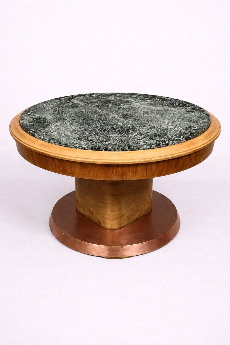 Art Deco table in wood, copper and marble – circular top – around 1930