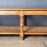 Authentic old coffee table in solid wood and rattan, beveled glass top