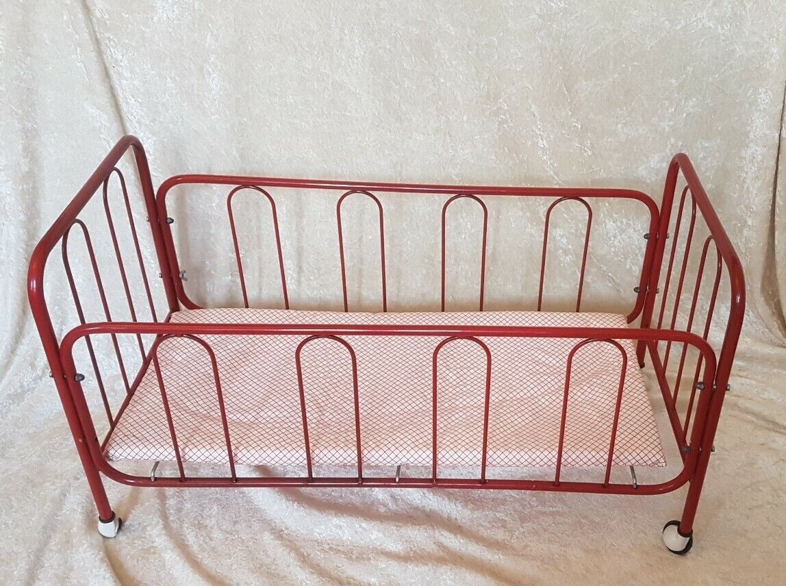Vintage doll bed large model in red lacquered metal and matching mattress